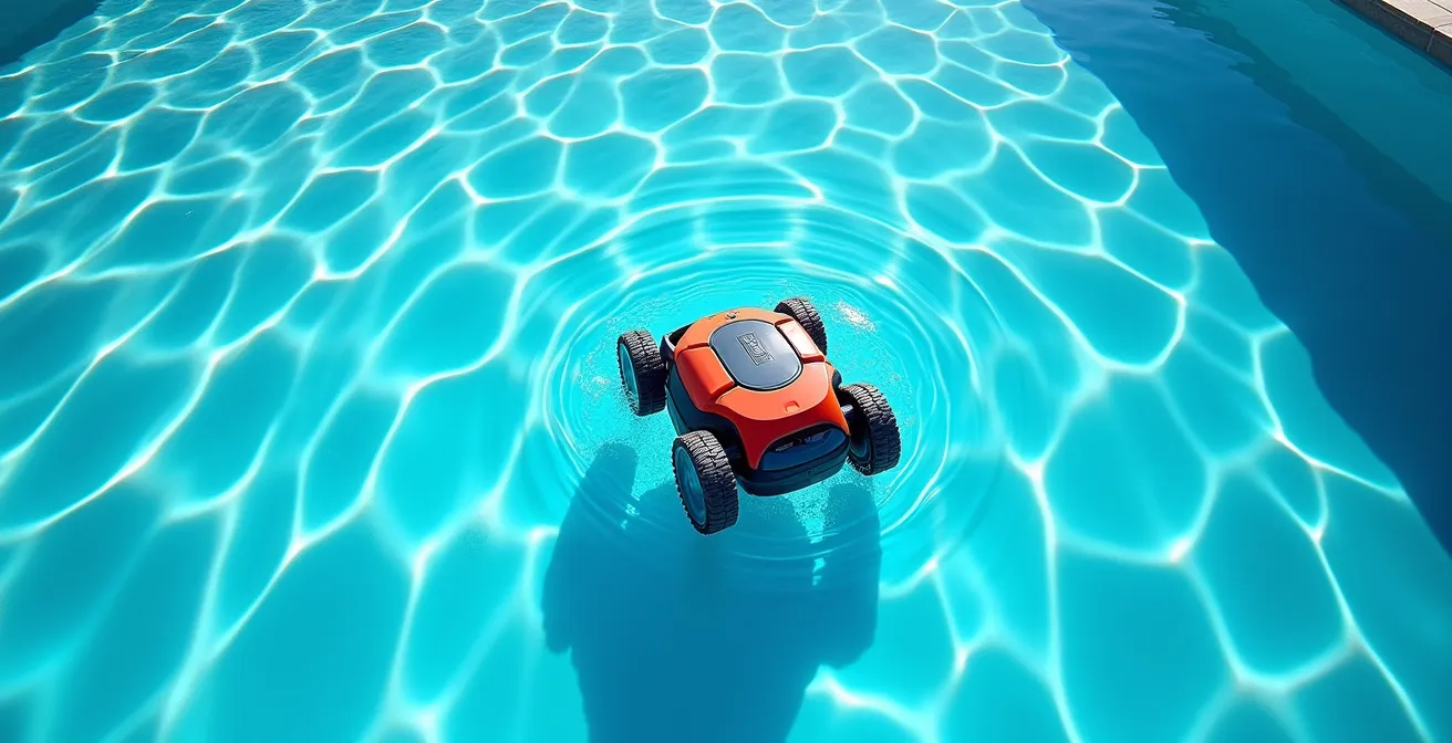 Vue aérienne minimaliste d'un robot piscine créant des motifs de navigation dans l'eau