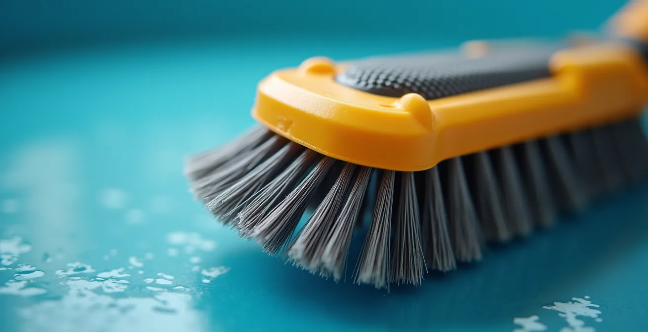 Vue macro extrême d'une brosse de robot piscine montrant les détails de l'usure et de la texture