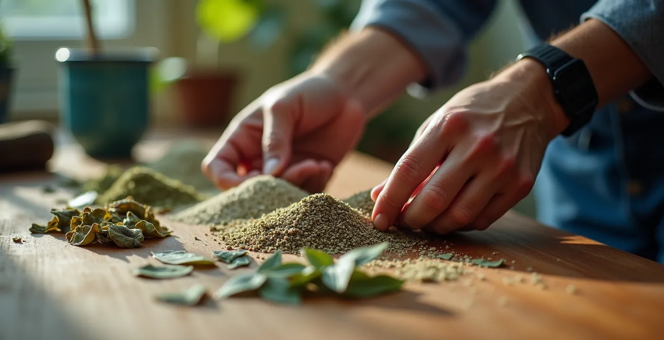 Mains expertes examinant différents types de débris de piscine sur une surface en bois